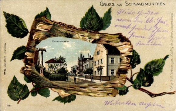 Passepartout Chromo-Litho Schwabmünchen in Swabia, Schulstraße