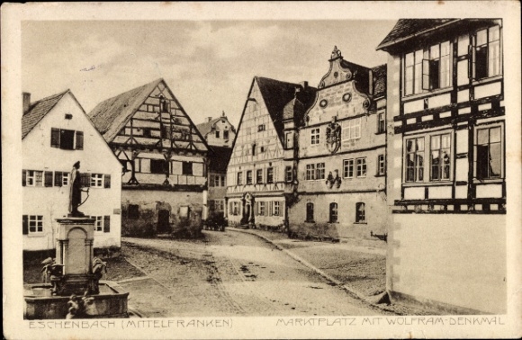 Ak Wolframs Eschenbach Midden-Franken, marktplein met Wolframmonument