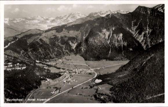 Postcard Bayrischzell in the Mangfall Mountains Upper Bavaria, aerial photograph, mountain landscape, Hotel Alpenhof, town