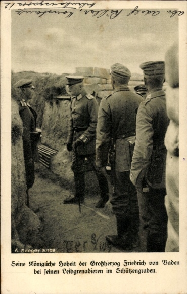 Postcard Grand Duke Friedrich II of Baden, body grenadiers, trench, Red Cross, I WW