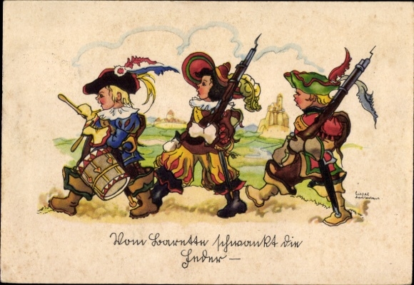 Artist Postcard Lauterborn, Liesel, The feather sways from the beret, Boys in uniform, Bayonets