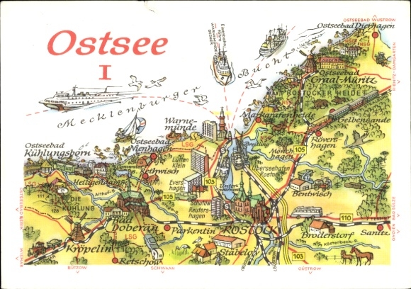 Ak Damerow Koserow an der Ostsee, Karte der  Sehenswürdigkeiten, Küstenorte, Schiffe, farbenfr...