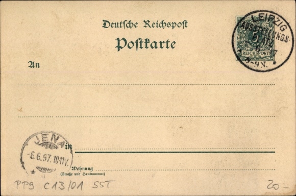 Postal stationery Chromo-Litho Leipzig, Saxon Thuringian industrial and trade exhibition 1897, main hall