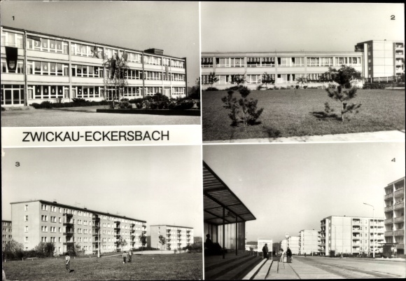 Postcard Eckersbach Zwickau, Juri Gagarin High School, Sputnik crèche kindergarten, Wostokweg, Komarowstr.