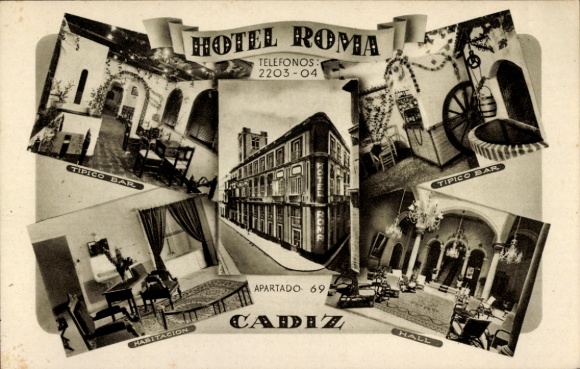 Postcard Cádiz Andalusia, Hotel Roma, typical bar, lobby, cozy interiors