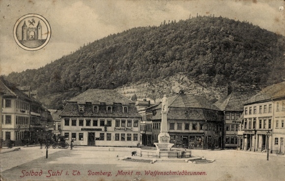 Postcard Suhl in Thuringia, market square, gunsmith fountain, cathedral hill, architecture