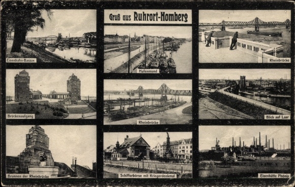KP Homberg Ruhrort Duisburg w Zagłębiu Ruhry, dorzecze kolejowe, most na Renie, ujście portu, wejście na most