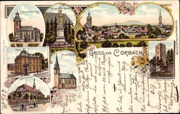 Chromo-Litho Korbach in Hesse, Kilianskirche, war memorial, post office, high school, Nicolaikirche, Tylenturm