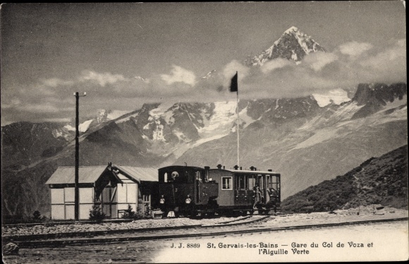 Postcard Saint Gervais les Bains Haute Savoie, Col de Voza station, Aiguille Verte, Mont-Blanc tramway