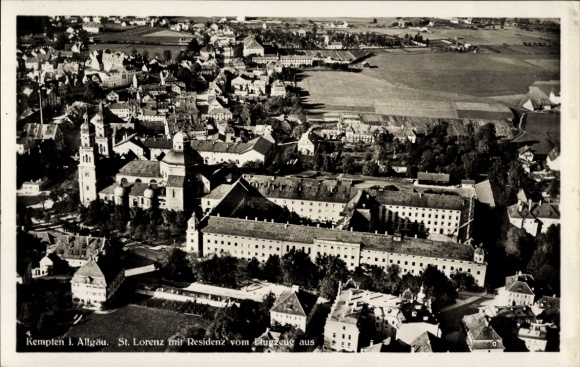Postcard Kempten im Allgäu Schwaben, aerial photograph of St. Lorenz with Residence
