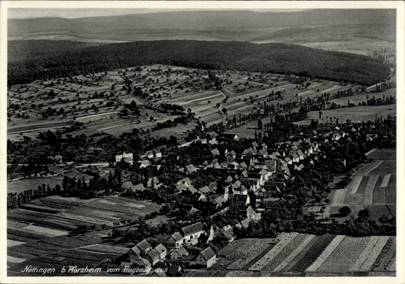 Postcard Nöttingen Pforzheim in the Black Forest, aerial view of Nöttingen and Pforzheim, landscape, field