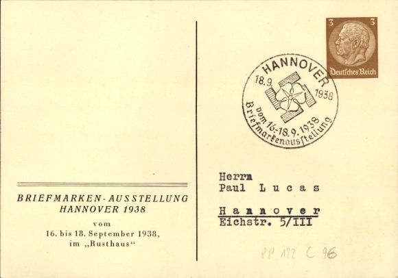 Postwaardekaart Hannover in Nedersaksen, postzegeltentoonstelling 1938, postinspecteurs