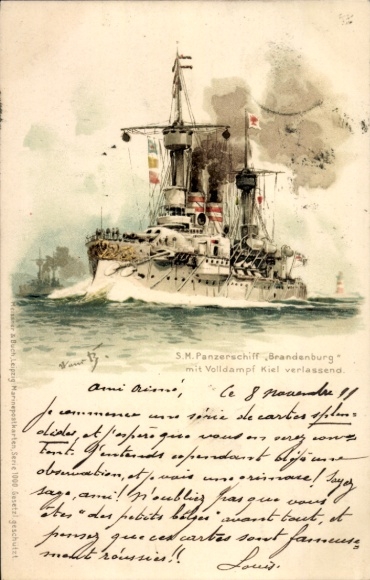 Kunstenaar litho Bohrdt, Hans, Duits oorlogsschip, SMS Brandenburg, Ironclad
