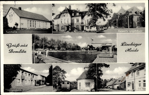 Postcard Bomlitz in Lower Saxony, swimming pool, gymnasium, administration building, manor house, guest house