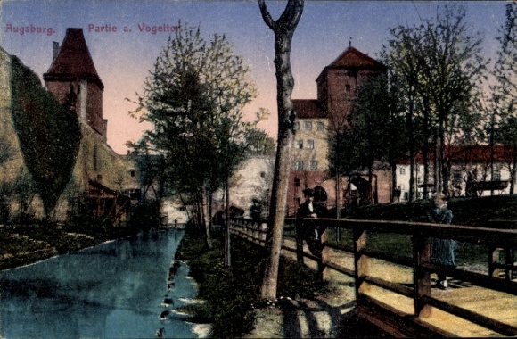 Picture of Augsburg in Swabia, river, trees, people, bridge, buildings