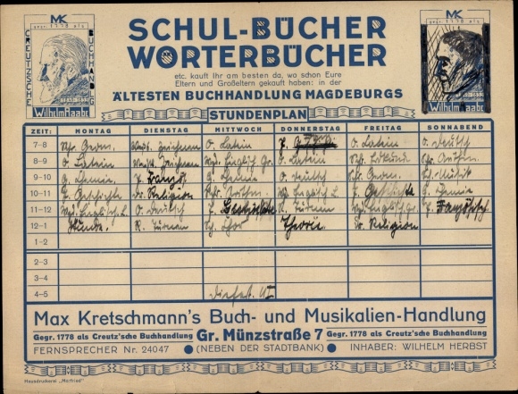 Timetable Magdeburg, Große Münzstraße 7, Musikalien bookstore Kretschmann around 1930
