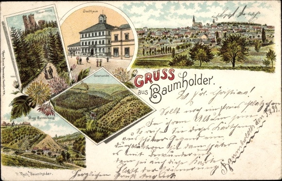 litho Baumholder im Westrich, herenhuis, langaanzicht, kasteel