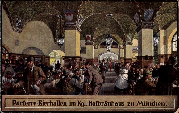 Kunstenaar Ak Quidenus, Fritz, München Beieren, Hofbräuhaus, begane grond bierhallen