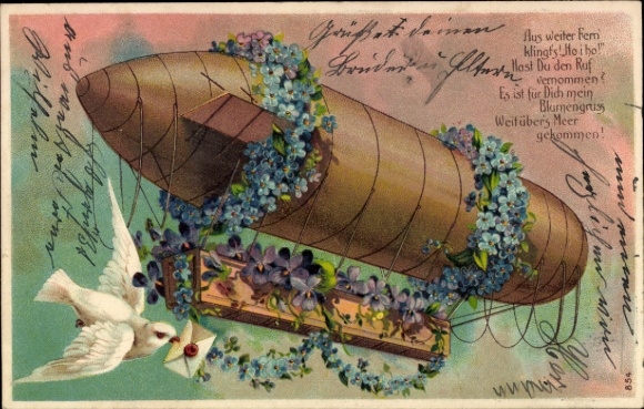 Chromo-Litho airship with flowers, floral greeting, carrier pigeon