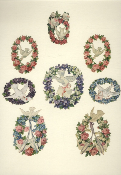 8 wafers white doves, letters, flower wreaths, size approx. 8 x 7 cm to 4.5 x 5.5 cm