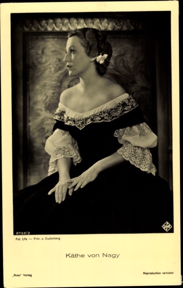 Postcard actress Käthe von Nagy, portrait, strapless dress, Ross Verlag 8730 2, Ufa Film