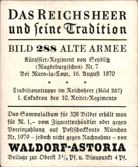 Collector's picture The Imperial Army and its tradition, picture 288 Old army, cuirass. Rgt. Sendlitz, 1870
