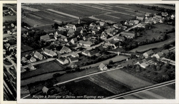 Postcard Dillingen an der Donau , aerial view of piles, many roofs, green fields