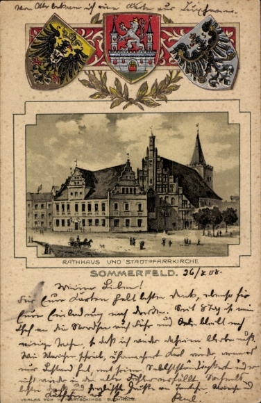 Coat of arms Passepartout Chromo-Litho Sommerfeld Kremmen in Brandenburg, Town Hall, Parish Church