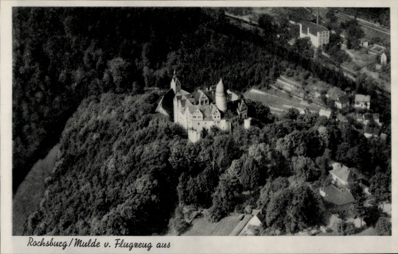 Postcard Rochsburg Lunzenau, castle, aerial photograph, inn Muldenschlösschen