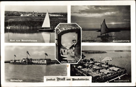 Ak Rust am Neusiedlersee im Burgenland, Segelboote, Seerestaurant, Badeanlage, Stadttor