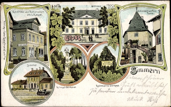 Chromo-Litho Simmern in the Hunsrück, Schinderhannes tower, castle, inn on the Hunsrück, train station