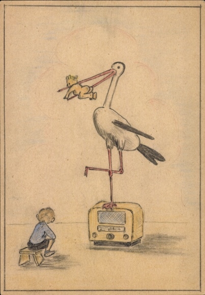 Hand-painted picture child, stork with baby