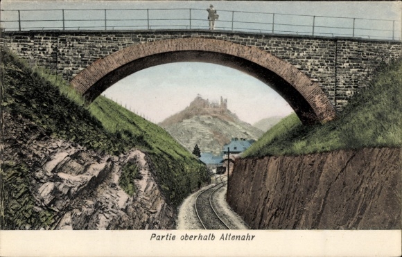 Postcard Altenahr in the Ahr valley, bridge, railway line