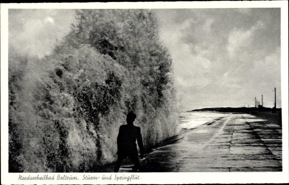 Postcard Insel Baltrum in Ostfriesland, storm and spring tide