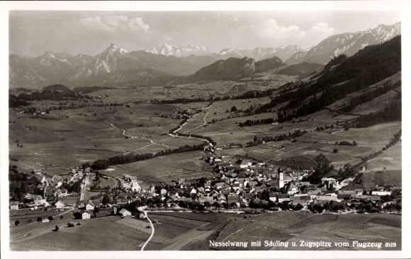 Postcard Nesselwang in Allgäu, Säuling, Zugspitze, aerial photograph