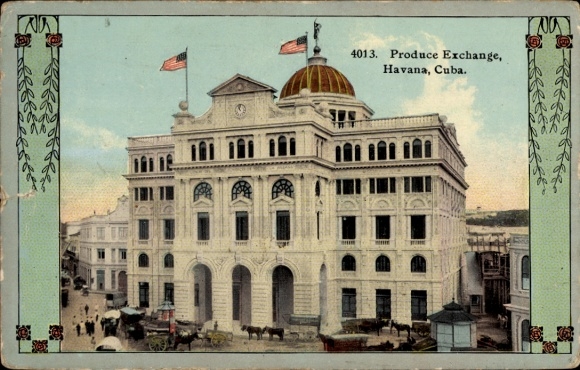 Postcard Havana Havana Habana Cuba, Produce Exchange, flags,