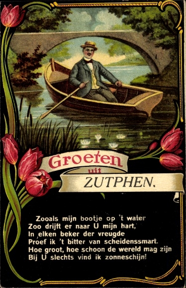 KP Zutphen Gelderland, mężczyzna w łodzi wiosłowej, tulipany