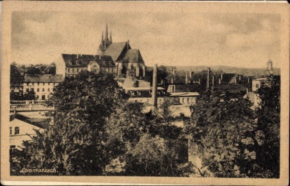 Postcard Lommatzsch in Saxony, city view, trees, buildings, church