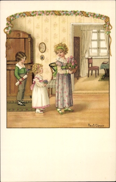 Artist PC Ebner, P., well-wishers with gifts, bouquet