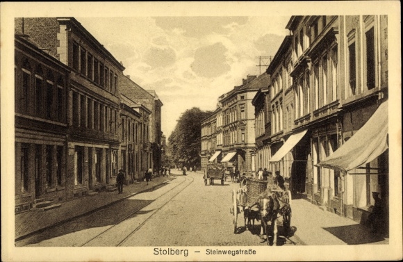 Postcard Stolberg in the Rhineland, Steinwegstrasse, shops, carts