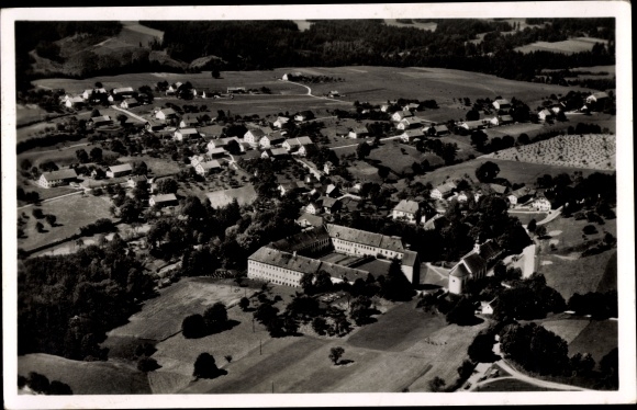 PC Wessobrunn in Upper Bavaria, monastery and parish church with Roman tower, aerial photograph