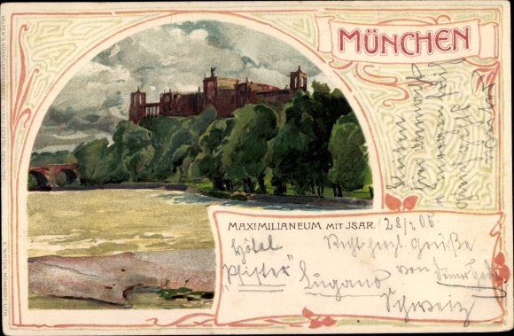 Art Nouveau Artist Chromo-Litho Munich, Maximilianeum, Isar