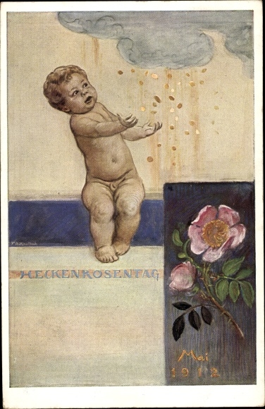 Artist PC Kaulbach, Friedrich, August, Dog Rose Day May 1912, small child, rain of money