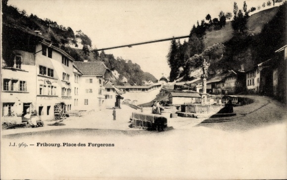 KP Fribourg Freiburg City Szwajcaria, Place des Forgerons, zabytkowe budynki, rzeka, most, b...