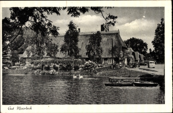 Postcard Dötlingen, view of the Gut Moorbeck restaurant, swans, boats