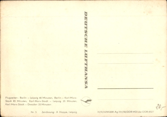 Maps Postcard Deutsche Lufthansa, flight route Berlin Leipzig Karl Marx Stadt Dresden