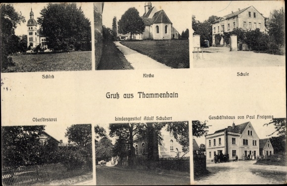 Ak Thammenhain Lossatal in Saksen, kasteel, kerk, school, herberg Linden, bedrijfsgebouw