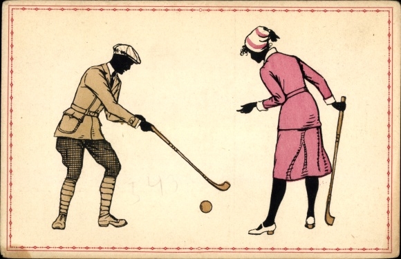 Künstler Ak Mann und Dame mit Schlägern, Ball