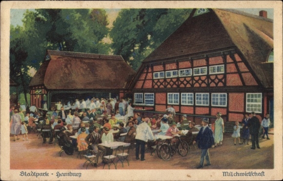 Postcard Hamburg Nord Winterhude, city park, dairy farming, restaurant