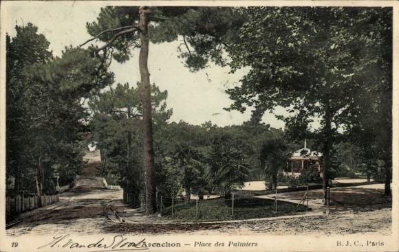 Postcard Arcachon Gironde, square of palm trees, trees, path, pavilion, old